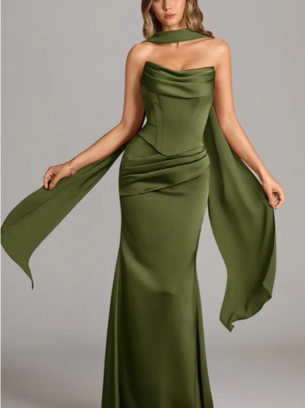 Azazie Olive Green Strapless Satin Gown with Draped Scarf